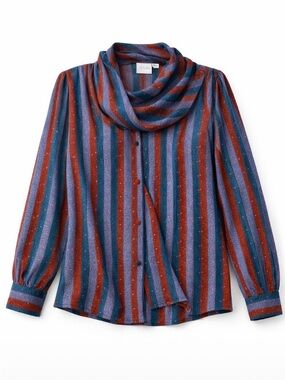 Striped Sparkle Cowl-Neck Blouse - Blue & Rust